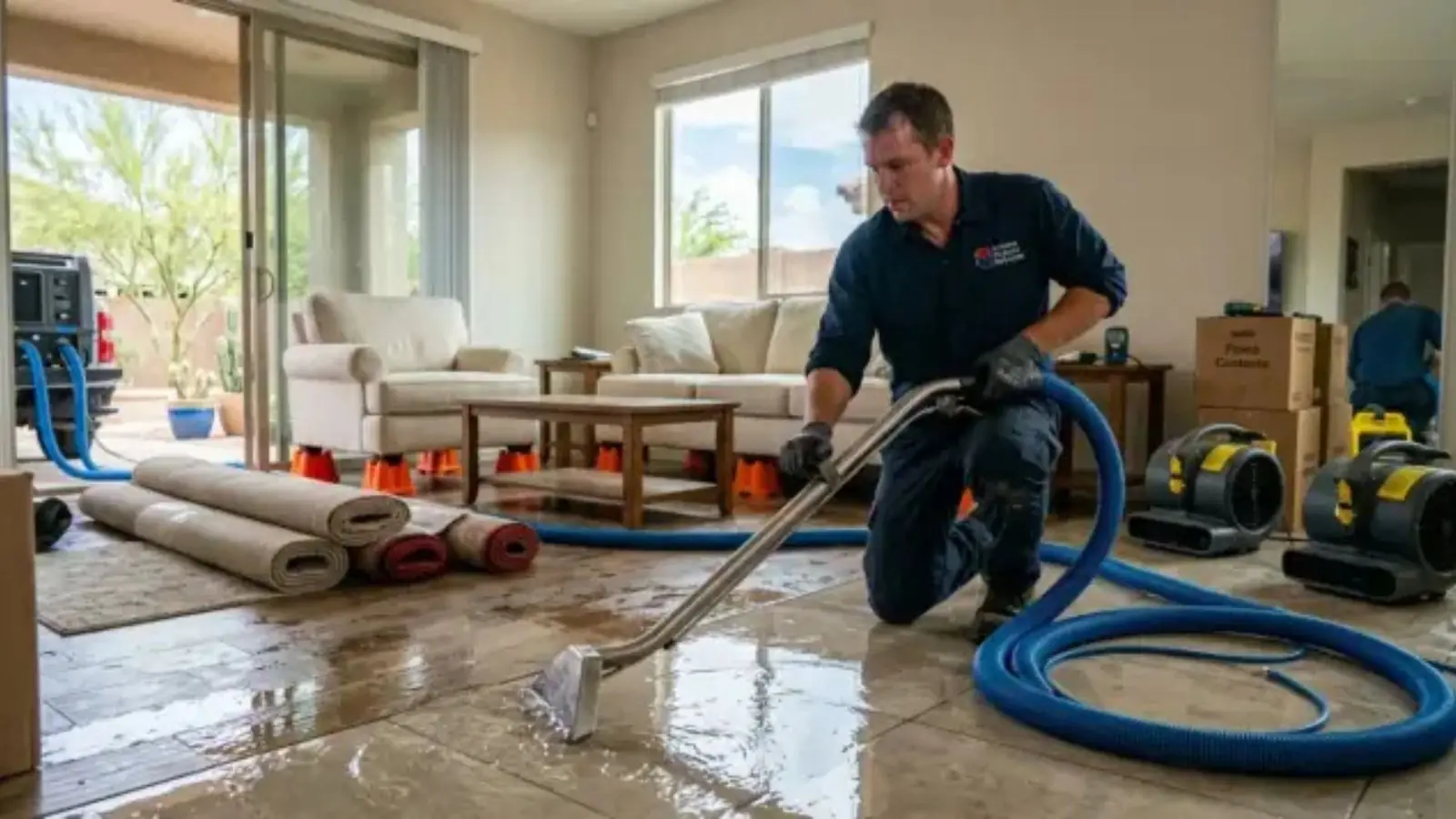 Technician extracting water from a living room floor with air movers running